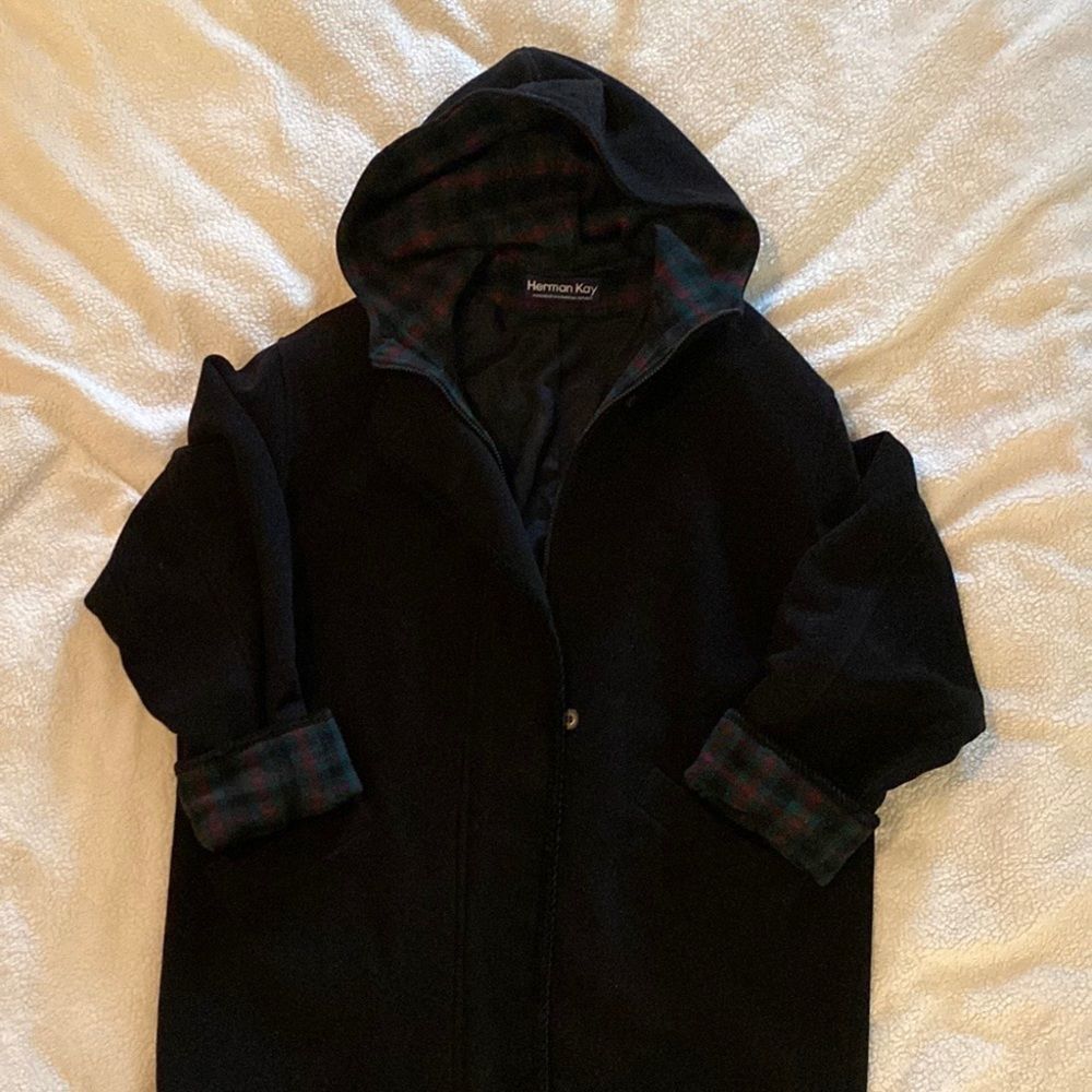 Vintage Herman Kay Hooded Plaid and Black Poly/Wool/Acrylic blend Woman’s Coat